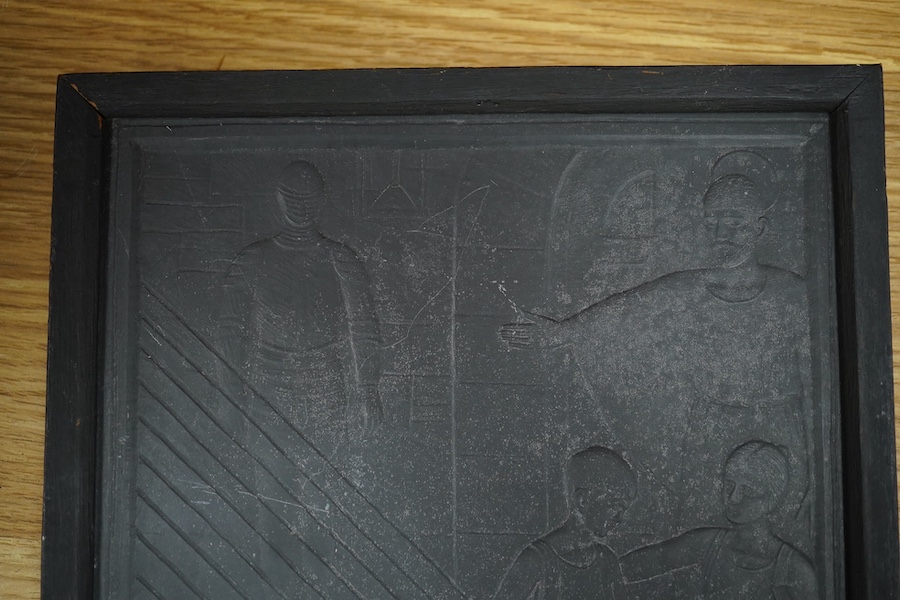 John McKenzie (1897-1972), relief carved slate plaque, ‘Inheritance’, initialled, ink inscription verso, 27cm high. Condition - good